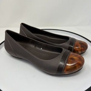 CROCS Brown Tortoise Shell Cap Toe Flats Slip On Shoes 15507 Women's Size 9